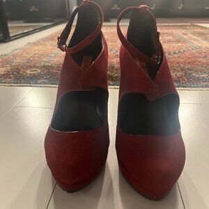Red Suede Wedge Heels Saks 5th Avenue Size 36.5